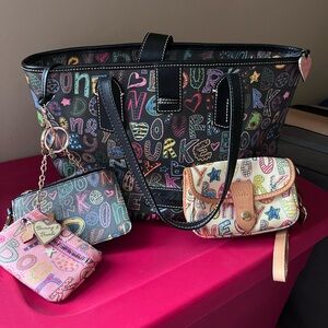SOLD-Vintage Dooney and Bourke rainbow poppi tote with wallets